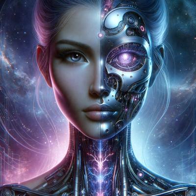 The primary subject of the image is a futuristic robotic woman with a mix of human and mechanical features. She has a human face with a ponytail and a mechanical body, giving her a unique and intriguing appearance. The setting is a space-themed environment, with a backdrop of stars and a purple and blue color scheme. The visual style is a digital art or illustration, creating a surreal and captivating scene. The overall atmosphere is one of wonder and curiosity, as the viewer explores